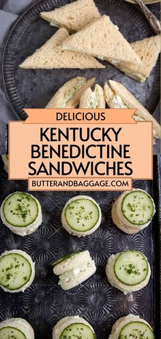 Collage of overhead shot of triangular Kentucky benedictine sandwiches on plate at top and overhead shot of plateful of round benedictine sandwiches at bottom. Kentucky Derby Appetizers, Cream Cheese And Cucumber, Sandwiches With Cream Cheese, Benedictine Spread, Soft White Bread