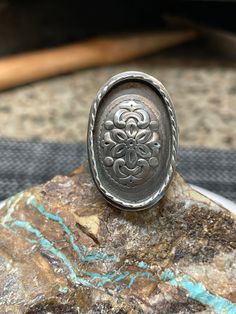 This ring is heavy and substantial, but because of the tapered band, it is comfortable to wear. Vintage Silver Concho Ring, Unique Stamped Oval Ring, Artisan Oval Engraved Ring, Cha Ching, Bling Bling, Rings Statement, Emboss, Statement Rings, Jewelry Rings