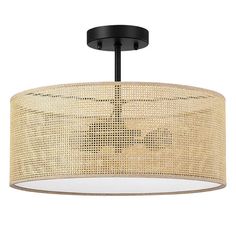 a light fixture with a woven shade