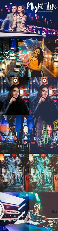 multiple images of people in the city at night