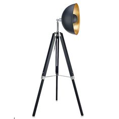 a black and gold tripod light on a white background