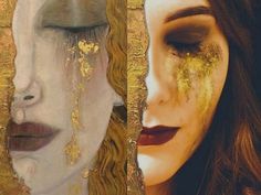 two paintings of women with their faces covered in gold paint