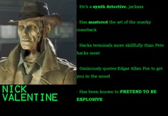 an image of a creepy man wearing a hat and trench coat with words written below it