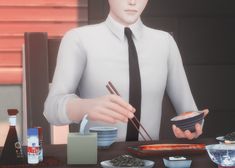 an animated man holding chopsticks and eating sushi in front of his face