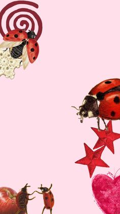 two ladybugs are flying in the air with hearts and stars on pink background