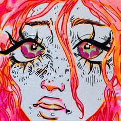 a drawing of a woman's face with red hair and pink eyeliners