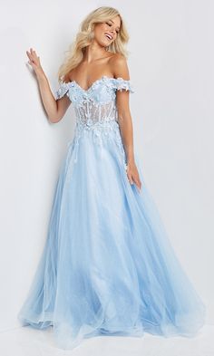 Off-Shoulder Prom Ball Gown with Corset - PromGirl Corsette Dress Prom Formal, Sheer Bodice Prom Dress, Flowy Corset Prom Dress, Unique Blue Prom Dresses, Light Blue Tulle Prom Dress, Aqua Blue Prom Dress, Light Blue Prom Dresses, Prom Dresses Flowy, Formal Inspiration