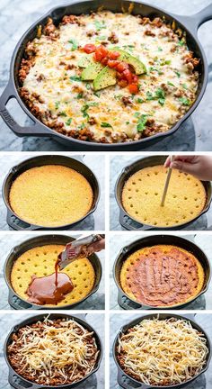 the steps to make an enchilada casserole in a skillet