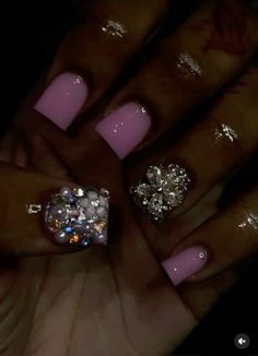 One Color Nails With Rhinestones, Square Bling Nails, Nail Designs With Rhinestones Bling, Glam Short Nails, Short Square Nails With Rhinestones, Nail Ideas For Birthday, Nails And Toes Matching, Bling Ideas