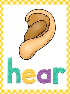 the word hear is written in colorful letters with an image of a piece of bread