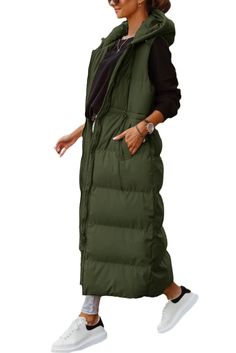 PRICES MAY VARY. Material: Shell/Lining Fabric: 100% polyester. Filling soft down-alternative, makes this puffer vest comfortable and keep you warm. Feature: Long quilted vest, windproof shell and warm padded inside, easy full zipper up and down, 2 hand pockets and 1 inside pocket for storage convenience, with hood, adjustable waist drawstring. Trendy and heavy, stylish and puffy, cozy and warm with good quality, this long vest would be a great layering piece to add to your winter wardrore! Matc Long Quilted Vest, Corduroy Shirt Dress, Long Quilted Coat, Vest Puffer, Chaleco Casual, Sleeveless Puffer, Gilet Long, Long Vest, Long Puffer