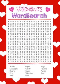 valentine's word search with hearts in the background