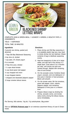 the flyer for lean and green's blackened shrimp lettuce wraps