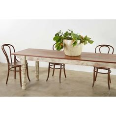 a wooden table with two chairs and a potted plant