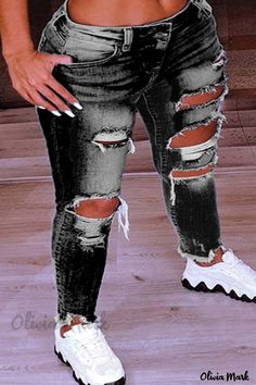 Color: Black, Size: 4XL Light Blue Ripped Jeans, Womens Ripped Jeans, Look Jean, Slim Hips, Blue Ripped Jeans, Low Waist Jeans, Moda Jeans, Jeans Casual, Low Rise Jeans