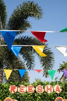 there are many colorful flags hanging in the air above trees and bushes, along with a sign that says rebesha