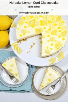 no bake lemon curd cheesecake on a plate with two slices cut out