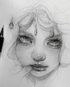 a pencil drawing of a woman's face with pearls on her head and eyes