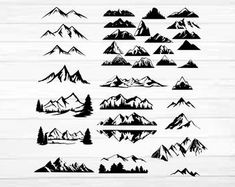 mountain silhouettes on white wood background, set of mountains and trees in different positions