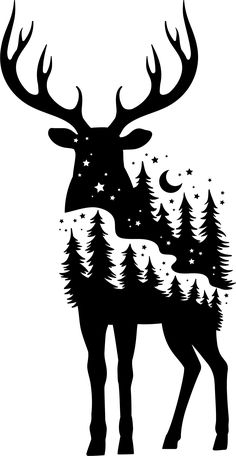 a black and white silhouette of a deer with trees