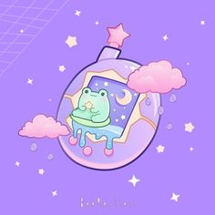 a cartoon character floating in the air with clouds and stars on it's back