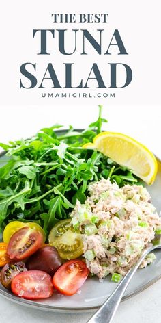 tuna salad on a plate with tomatoes, lettuce and lemon wedges in the background