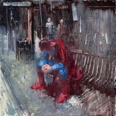 a painting of a man sitting on a bench in the rain with his head down