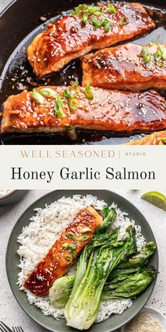 honey garlic salmon with white rice and asparagus on the side in a skillet