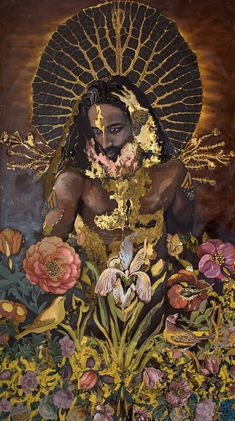 A painting of a man reaching forward. He has long hair and is surrounded by a golden halo reminiscent of a leaf. He is surrounded by flowers and birds. The colours in the painting are browns, pinks, greens and gold. Rebirth Art, African Magic, Sacred Masculine, Masculine Art, Mother Tongue, Aries Season, Portrait Shoot, Study Inspo, The Afterlife