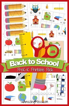 back to school printable pack with scissors, pencils and an apple on it