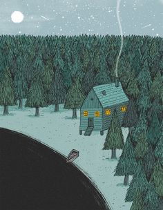 an illustration of a cabin in the woods with trees and a bird flying over it