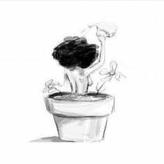 a black and white drawing of a woman sitting in a flower pot with flowers coming out of it