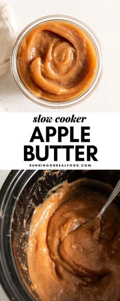 an image of apple butter being made in the slow cooker with text overlay