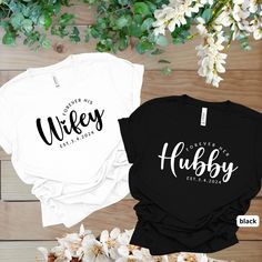 Celebrate your love with our charming couples shirts! These "Forever his Wifey" and "Forever her Hubby" tees are perfect for newlyweds, honeymoon trips, or just relaxing together. Made from premium soft cotton, these matching shirts ensure comfort and style. 𝗛𝗢𝗪 𝗧𝗢 𝗢𝗥𝗗𝗘𝗥? 𝟏. Select the shirt 𝗦𝘁𝘆𝗹𝗲 2. Select the 𝗦𝗶𝘇𝗲 3. Select the shirt color 4. Select the quantity, 5. Click 𝗔𝗗𝗗 𝗧𝗢 𝗖𝗔𝗥𝗧. If you want to buy more than one, please go back to the listing and repeat the st Couples Shirts, Wife And Husband, Wedding Shirt