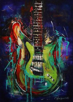 an abstract painting of a green guitar