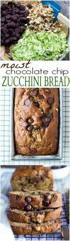 chocolate chip zucchini bread recipe is shown in this collage with text overlay