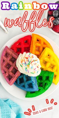 Rainbow waffles on white plate. Make A Rainbow, Rainbow Food, Breakfast Idea, White Cake Mixes, Waffle Recipes, White Cake