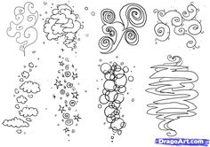 four different types of clouds and swirls in black ink on white paper with the words dragon