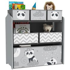 an animal themed bookcase with bins and toys