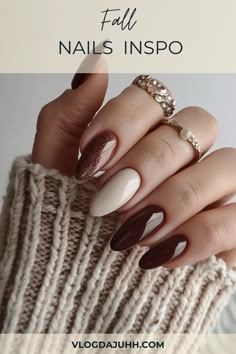 Explore a variety of fall nail designs that are perfect for this season. From warm tones to elegant patterns, find the look that's right for you. #FallNails #AutumnNailArt #NailDesigns #FallNailInspo #NailArtTrends #AutumnNailColors #SeasonalNails #NailInspiration Fall Nails 2024 Halloween, White Nails With Pumpkin Design, Fall Mauve Nail Colors, October 2024 Nail Trends, Fall Work Nails, Classy Nails Oval, Fall Nude Nails 2024, Oval Fall Nails Acrylic, Mocha Swirl Nails