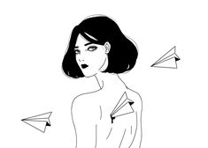 a black and white drawing of a woman with an origami arrow in her hair