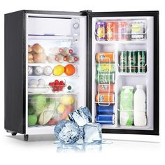 an open refrigerator with ice cubes and drinks in it, on a white background