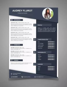 a blue and white resume template with a photo on the front, an image of a woman