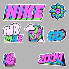 various stickers with the words nike, air max and go written in different colors