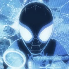 an animated spider - man with glowing eyes in front of futuristic cityscape and skyscrapers