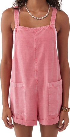 O'Neill Summerlin Solid Woven Romper - Women's | Altitude Sports Linen Shortalls Outfit, Bright Summer Clothes, Clothing Styles Aesthetic, Overalls Linen, Cutesy Outfit, Summer Rompers, Pink Romper, Short Romper, Linen Romper