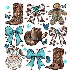 an assortment of cowboy themed items with blue bows and snowflakes on the side