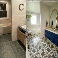 two different pictures of a bathroom with blue and white tile