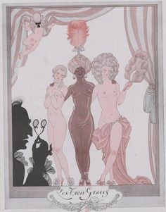 a drawing of three women standing in front of a curtain