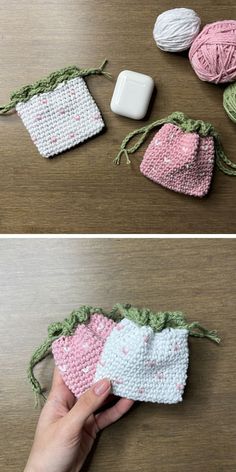 crocheted strawberries and other items on a table